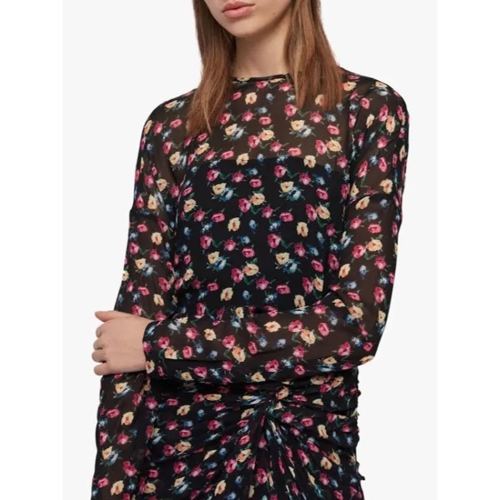 All Saints Allsaints Floral Rylie Kukio Shirred Long Sleeve Mini Dress EUC Sz 4 - Picture 5 of 12